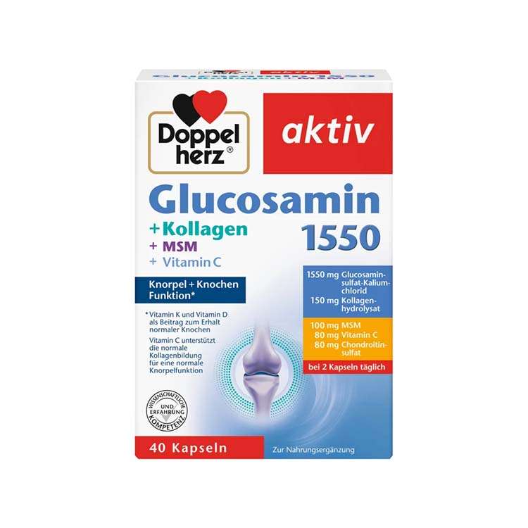 Doppel-Herz-Glucosamin-Collagen-1-1.jpg کپسول کاهش درد و خشکی مفاصل گلوکزامین ۱۵۵۰ میلی گرم داپل هرز 40 عددی - تصویر 1