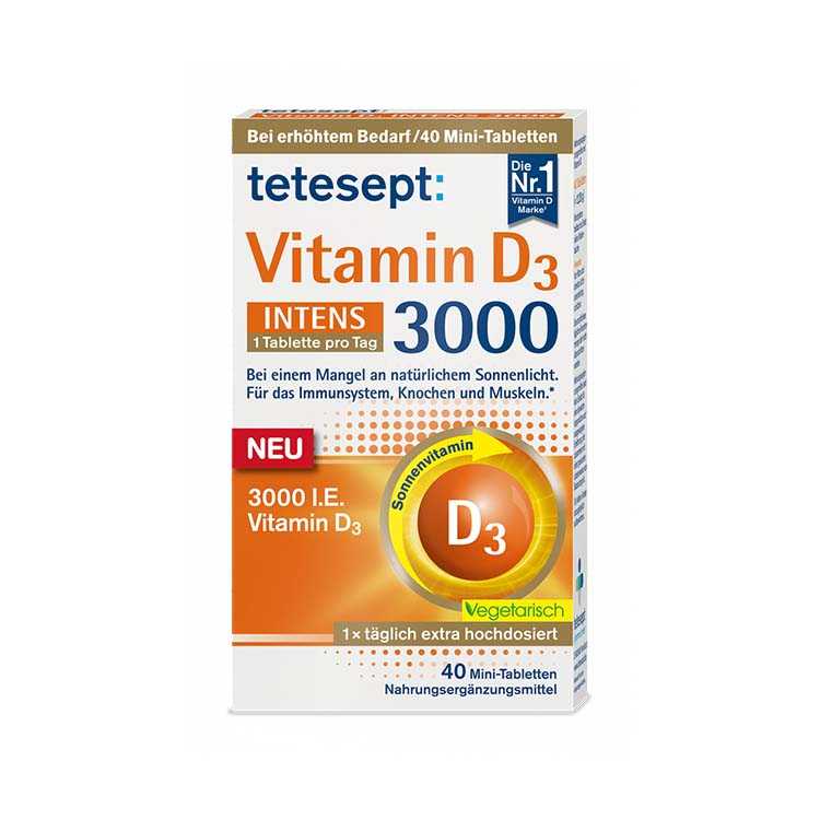 Tetesept-VitD3-3000-Tab-1.jpg قرص ویتامین د۳ـ۳۰۰۰ تتسپت 40 عددی - تصویر 1