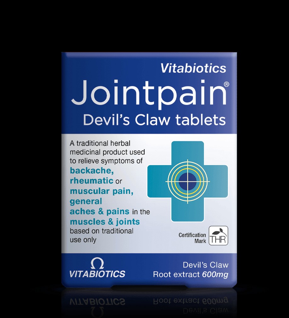 jointpain_devils_claw_front_CTJPD030T1WL1_40ba302c-a4d1-4590-a1a9-2b26a2406ddc-1.jpg قرص کاهش درد مفاصل و عضلات جوینت پین ویتابیوتیکس 30 عددی - تصویر 1