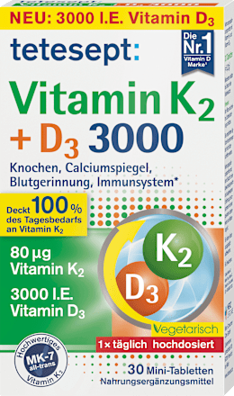 tetesept-vitamin-k2-d3-3000-mini-tabletten-30-st.png قرص ویتامین کا۲ و د۳ـ۳۰۰۰ تتسپت 30 عددی - تصویر 1